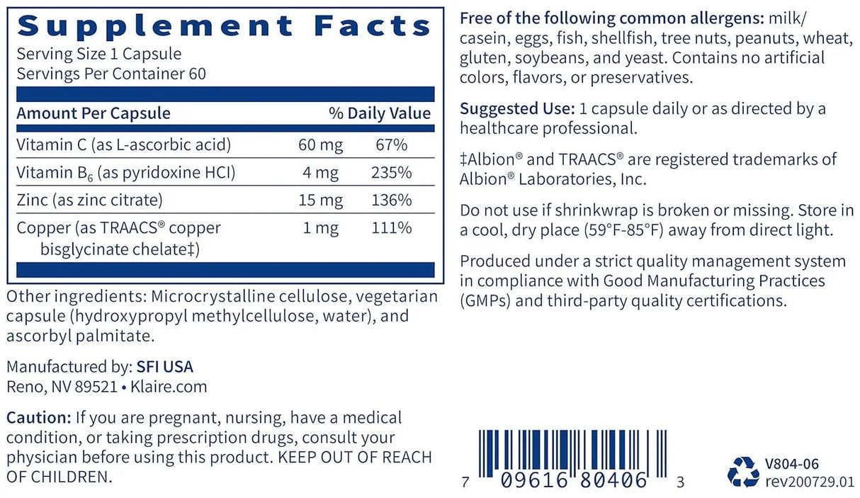Klaire Labs Zinc Plus, 60 Capsules
