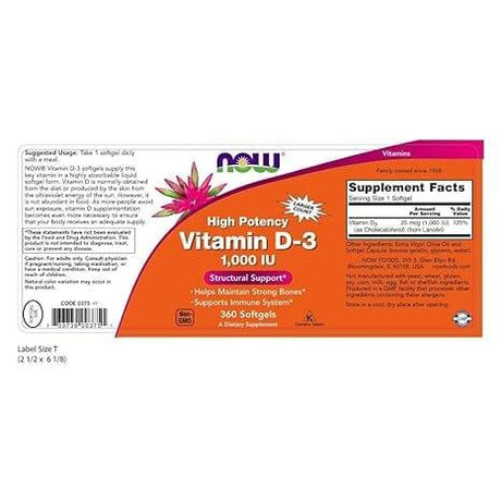Now Foods Vitamin D3/D-3 High Potency 1000 IU 180 Softgels