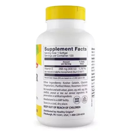 Healthy Origins Sunflower Vitamin E, 400iu 120 Softgels
