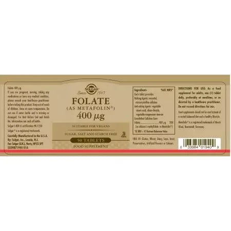 Solgar Folate (as Metafolin) 400 ug Tablets Pack