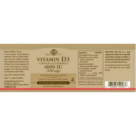 Solgar Vitamin D3 (Cholecalciferol) 4000 IU (100 ug) Vegetable Capsules Pack