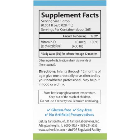 Carlson Labs Baby's Super Daily D3 365 Drops 10.3ml 400iu