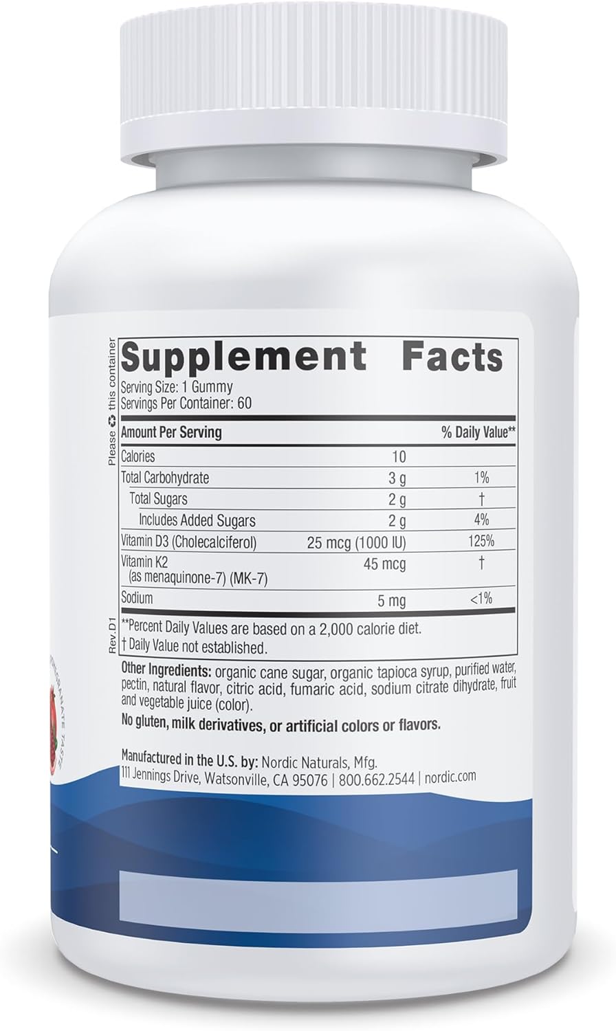 Nordic Naturals Vitamin D3+K2 Gummies, Pomegranate - 60 gummies