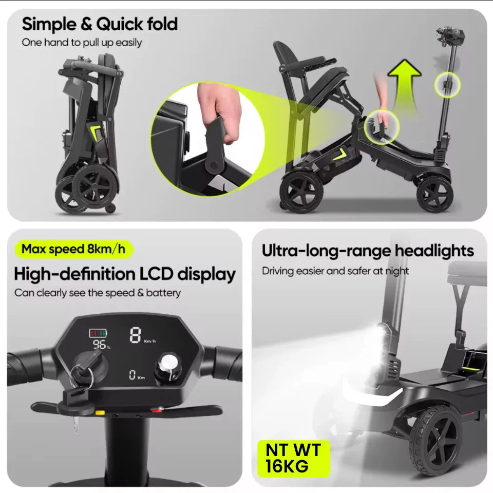 Welzo RaptorFold — Lightweight 16kg Foldable Mobility Scooter (Dark Grey)