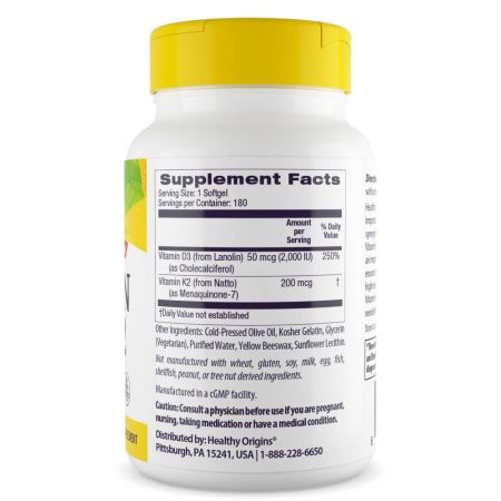 Healthy Origins Vitamin D3 & K2 50mcg/200mcg Softgels