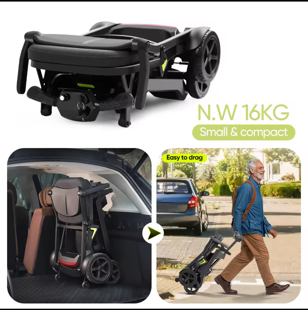 Welzo RaptorFold — Lightweight 16kg Foldable Mobility Scooter (Dark Grey)